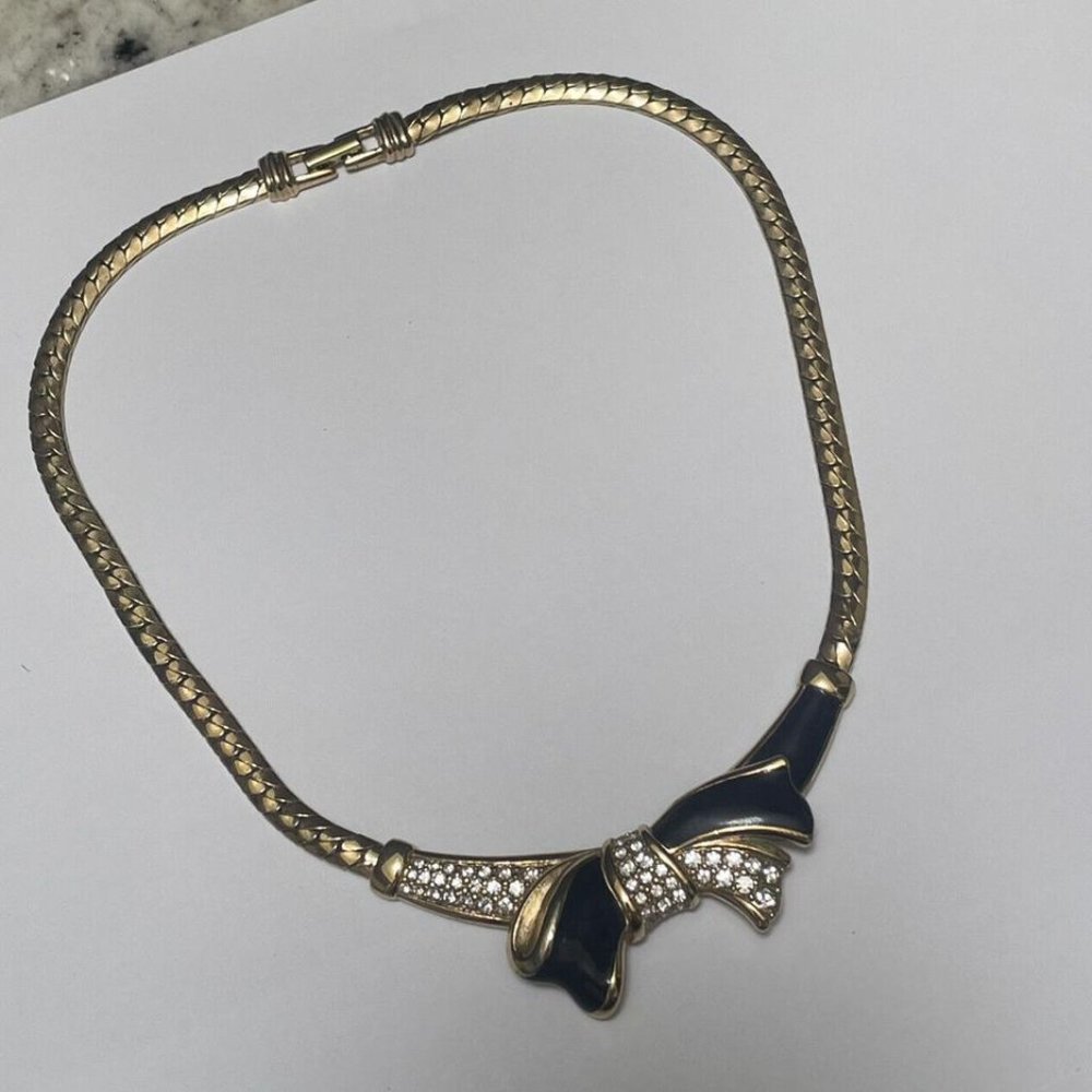 Beautiful Signed Swarovski Costume Necklace Gold Tone Black Enamel Bow / Crystal